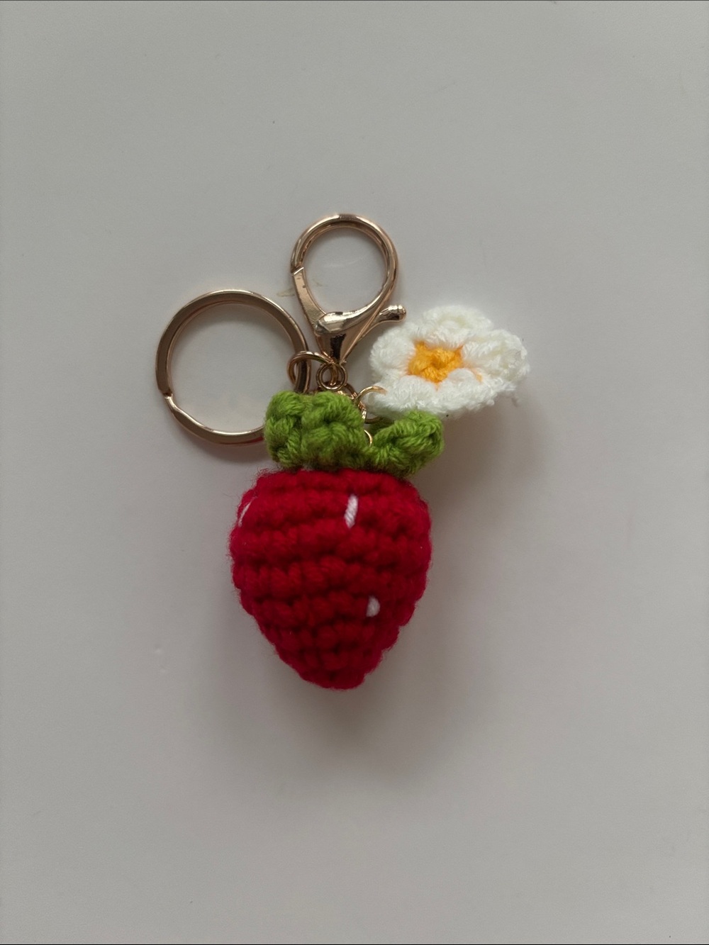 Handmade Red Strawberry Crochet Keychain with White Flower